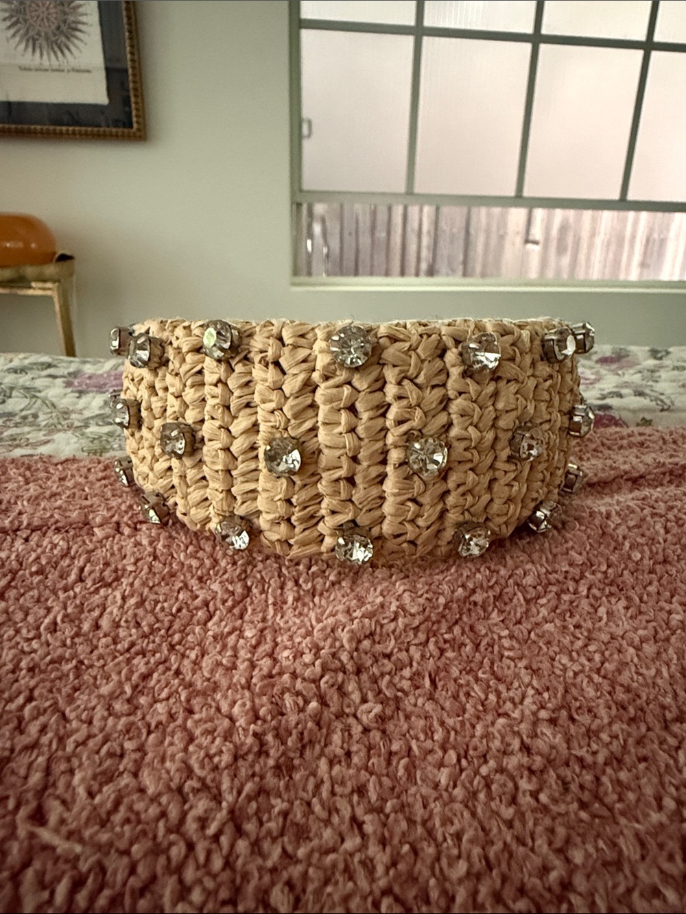 Loeffler Randall Beige Raffia Headband with Crystal Studs